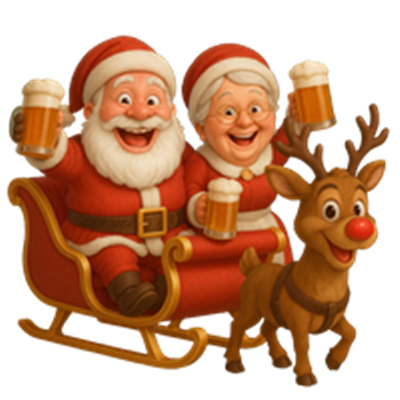 To glade julekarakterer i en slæde, der skåler med øl, ledsaget af et rensdyr.