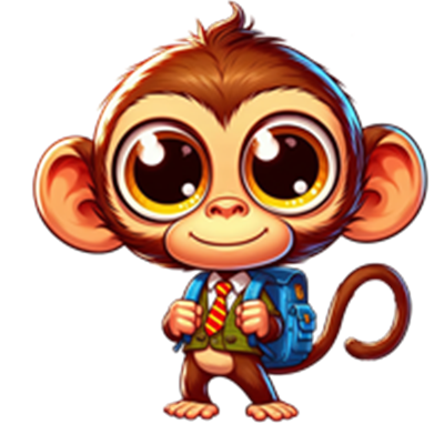 En tegnet abe med store øjne iført en jakkesæt og rygsæk, klar til skole.