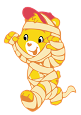 En glad, gul bamse indhyllet i bandager, der løber med en rød hat på hovedet.