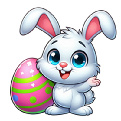 En farverig, tegneserieagtig påskehare, der står ved et dekoreret påskeæg.