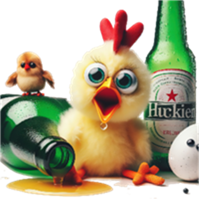 En sjov illustration af en farverig kylling omgivet af ølflasker og æg.