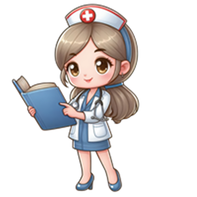 En tegneserieagtig sygeplejerske holder en bog og peger på den.
