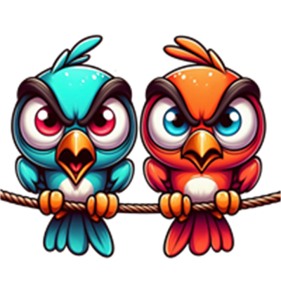 To cartoon-lignende fugle, en blå og en rød, sidder på en snor med en vred mine.