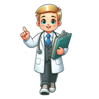 En glad ung dreng i lægeuniform, der holder en mappe og peger med en finger.