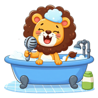 En glad løve med skum på hovedet synger i et badekar fyldt med sæbe.