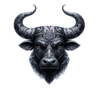 Et detaljeret, kunstnerisk billede af et tyrhoved med udsmykning og mørke nuancer.