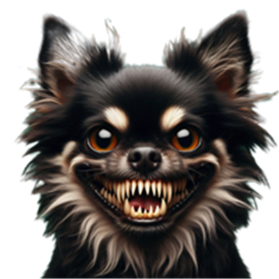 Et billede af en Chihuahua med et uhyggeligt grin og skarpe tænder.