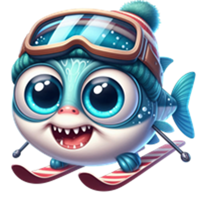 En sød, tegneserieagtig fisk iført skibriller og en hue, der står på ski.