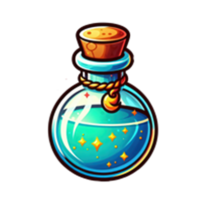 En farverig glasflaske med en magisk eliksir, der glitrer og funkler.