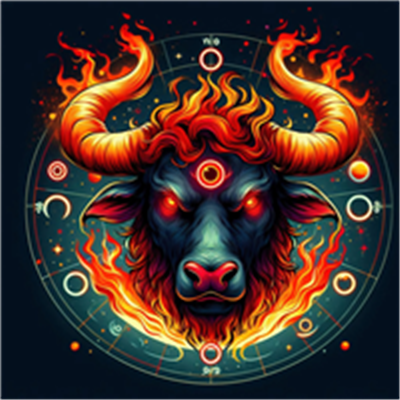 Et farverigt og dramatisk billede af en tyr med flammer og astrologiske symboler.