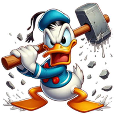 En tegneseriefigur af Anders And, der er vred og holder en hammer, klar til at bryde noget.