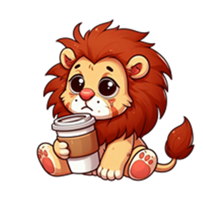 En tegneserieagtig løveunge sidder med en kop kaffe, ser sød og uskyldig ud.