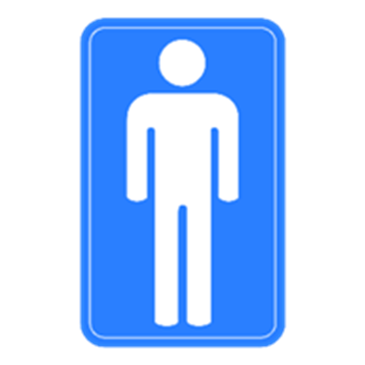 Et blåt skilt med et hvidt symbol, der repræsenterer en mandlig toiletbruger.