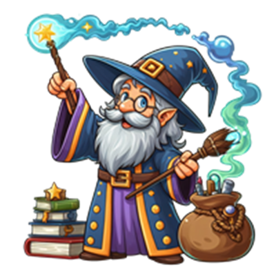 En glad troldmand med grå skæg og blå kappe, der udfører magi med sin tryllestav.