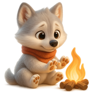 En sød hundehvalp sidder foran et lejrbål og varmer sine poter, iført en orange tørklæde.