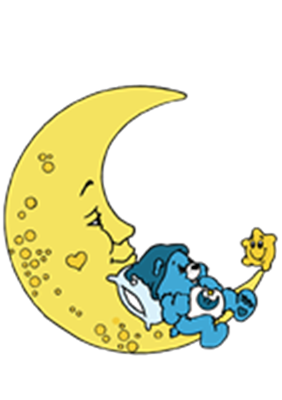 En farverig illustration af en glad måne med søde, blå væsner, der hygger sig.