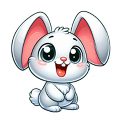 En glad, hvid kanin med store, udtryksfulde øjne og lange ører, der smiler.