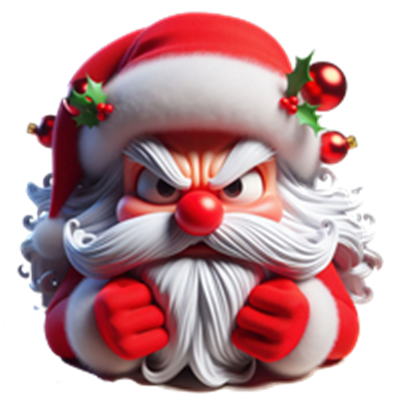 En cartoon-agtig julemand med et vredt udtryk, iført rød hat og hvidt skæg.