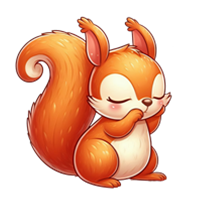 Et farverigt, tegnet egern med en fluffy hale, der ser ud til at være i en afslappet tilstand.