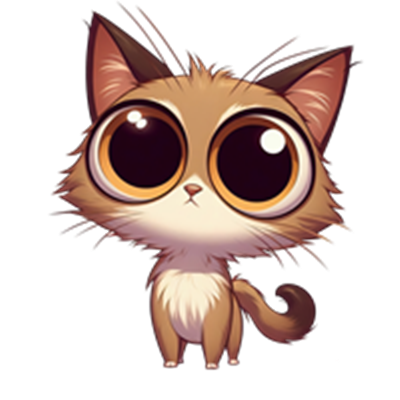 En charmerende tegneserieversion af en kat med store, udtryksfulde øjne og en fluffy pels.