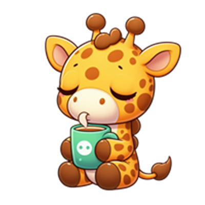En tegneserieagtig giraf, der nyder en varm drik, ser afslappet og glad ud.