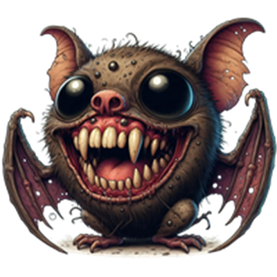 En fantasifuld flagermus med store øjne og et bredt smil, der kombinerer sødme og skræmmende træk.