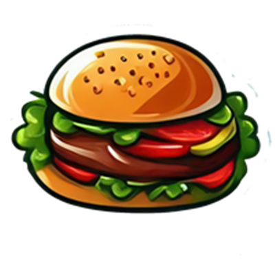 En illustreret burger med sesambrød, salat, tomat og kød.