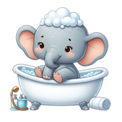 En lille grå elefant med sæbe på hovedet, der sidder i et badekar fyldt med vand.