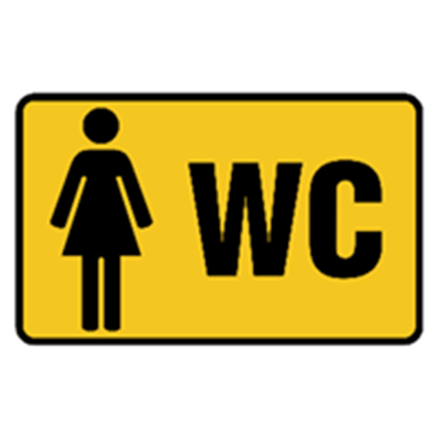 Et gult skilt med en kvindelig figur og teksten WC, der angiver kvindetoilet.