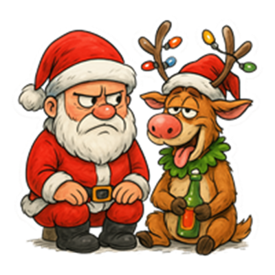 Et humoristisk billede af en sur julemand og et glad rensdyr, der sidder sammen.