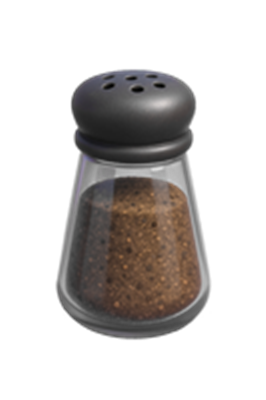 En gennemsigtig peberbøsse med sort låg og fyldt med groft peber.