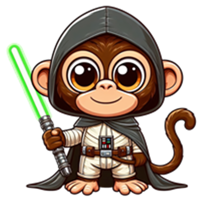 En sød, tegneserieagtig abe iført en Jedi-kappe og holder en grøn lyssabel.