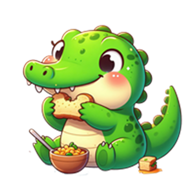 En farverig, tegneserieagtig dinosaur, der spiser brød og nyder mad fra en skål.