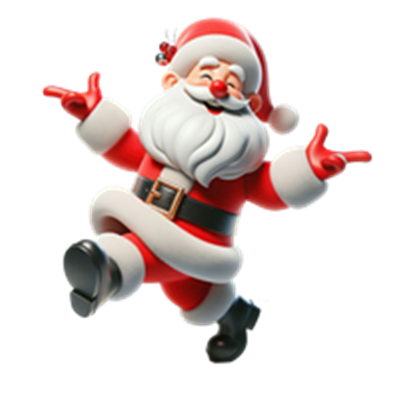 En glad og festlig julemand, der danser med et smil, iført sin klassiske røde dragt.