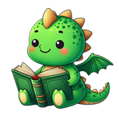 En sød, grøn drage sidder og læser en bog med et smil.
