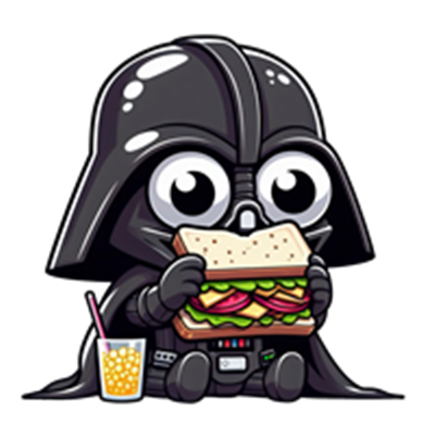 En tegneserieversion af en karakter i sort dragt, der spiser en sandwich og drikker juice.