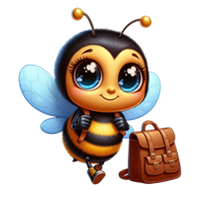 En farverig og nuttet bi med store øjne og en rygsæk, der ser glad ud.