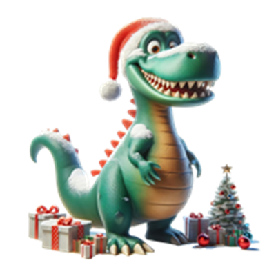 En farverig dinosaur iført en julesok, omgivet af gaver og et juletræ.