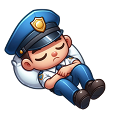 En sød, animeret politibetjent, der sover med armene krydset.