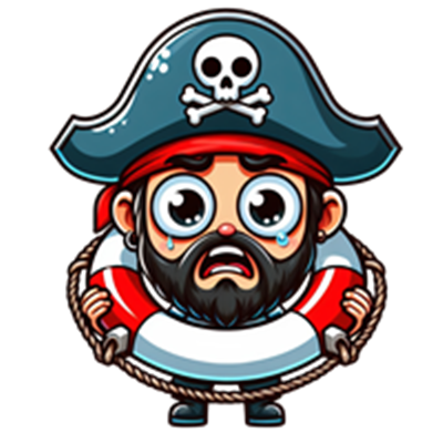 En tegneserieagtig pirat med stort hoved og tårer, der holder en redningskrans.