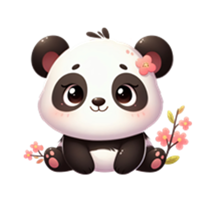 Et tegnet billede af en sød panda, der sidder med blomster omkring sig.