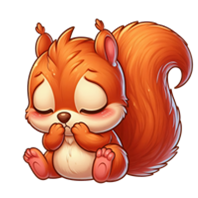 Et nuttet, tegneserieagtigt egern sidder med lukkede øjne og en sød udtryk.