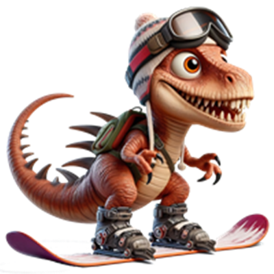 En farverig dinosaur iført skiudstyr og briller, klar til at stå på ski.