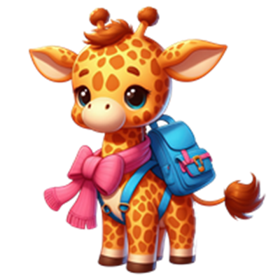 En farverig og nuttet giraf med en blå rygsæk og en pink sløjfe.