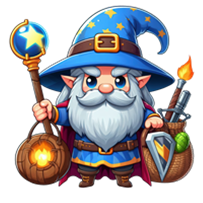 En farverig dværg iført en stjernebede hat, holder en tryllestav og forskellige magiske genstande.