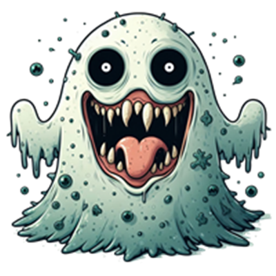Et farverigt og humoristisk spøgelse med store, skræmmende tænder og et stort smil.