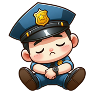 En sød, tegneserieagtig politibetjent sidder med lukkede øjne, ser træt og søvnig ud.