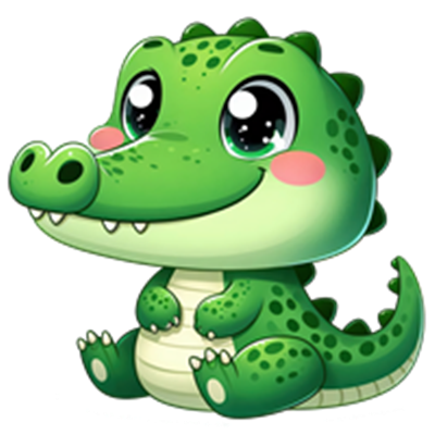 En farverig og charmerende tegneserie-krokodille med store øjne og et glad udtryk.