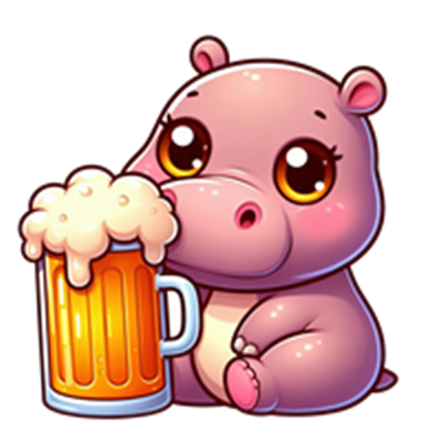 En farverig og sød tegning af et flodhestebarn, der holder en ølkrus.