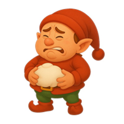 En trist nisse iført rød hue og trøje, der holder en snebold i hænderne.